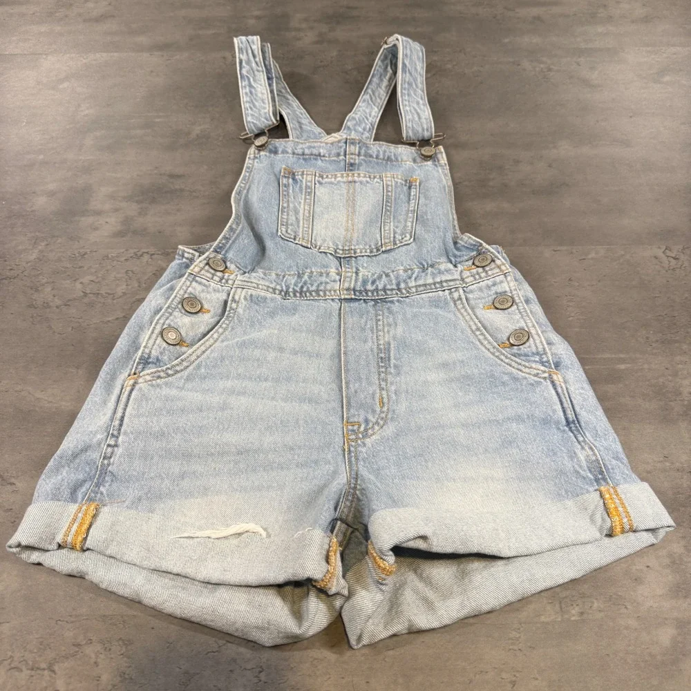 Aeropostale Denim Overalls Women XS Light Wash Cuffed Shortall 90s Style Mom Dad